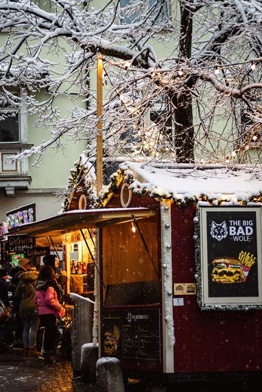 Food stall with snowy roof