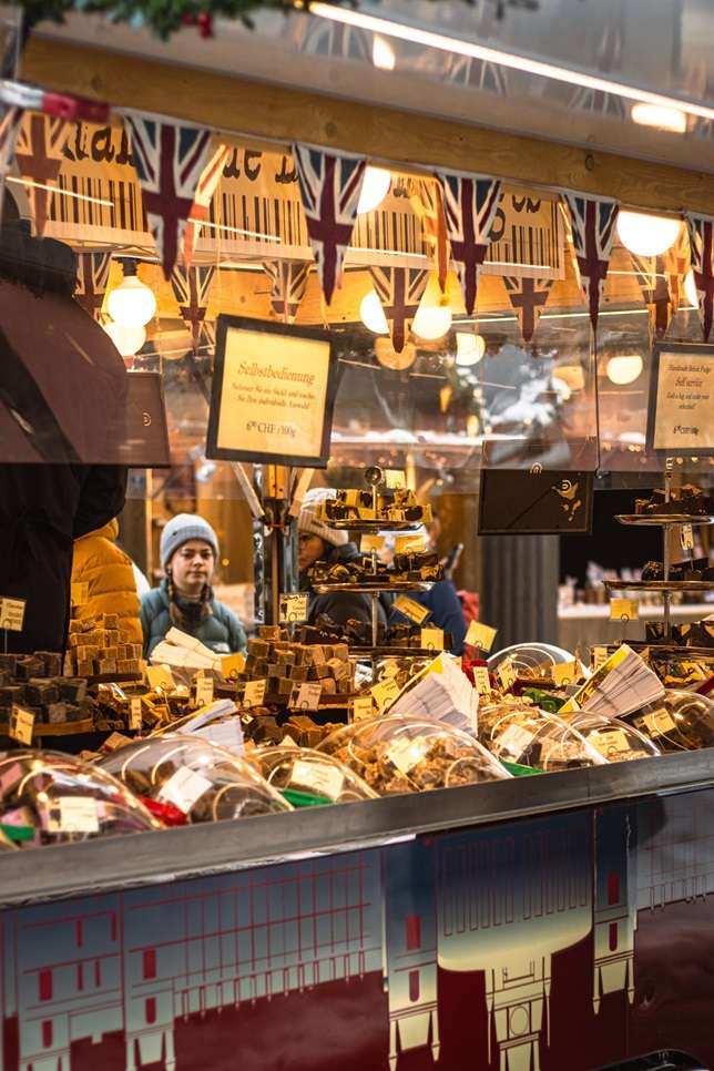 A stall selling fudge at a Christmas market in Zürich