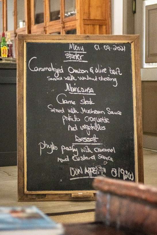 Menu at Mushara Outpost 2-week Namibia itinerary